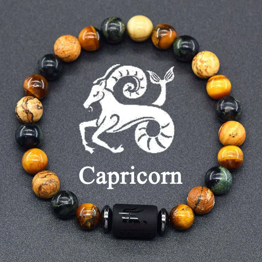 ✨ 12 Zodiac Sign Bracelet Homme – Natural Yellow Tiger Eye Stone & Hematite Constellation Bangle – Cancer, Taurus, Libra Astrology Bracelet for Women 31 Capricorn 8 mm Beads