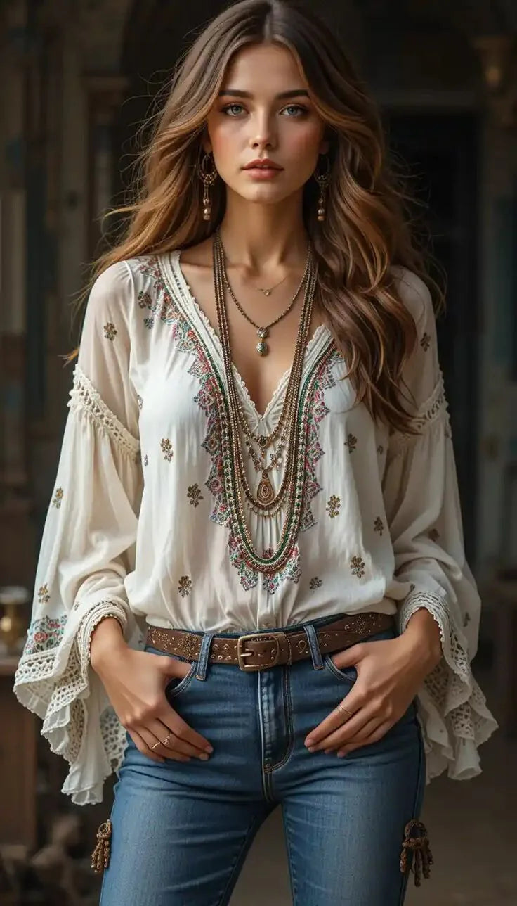 🛍️ Women’s Ethnic Bohemian Blouse – V-Neck Long Sleeve Vacation Top with Retro Print and Lace Splicing