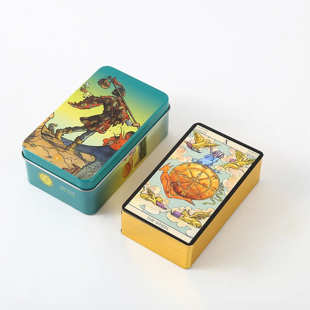 New Hot Tarot Cards – 78-Card Vintage Deck with Green-Plated Edges in Metal Tin Box (10×6 cm) & Paper Manual for Divination Board Games THTC08