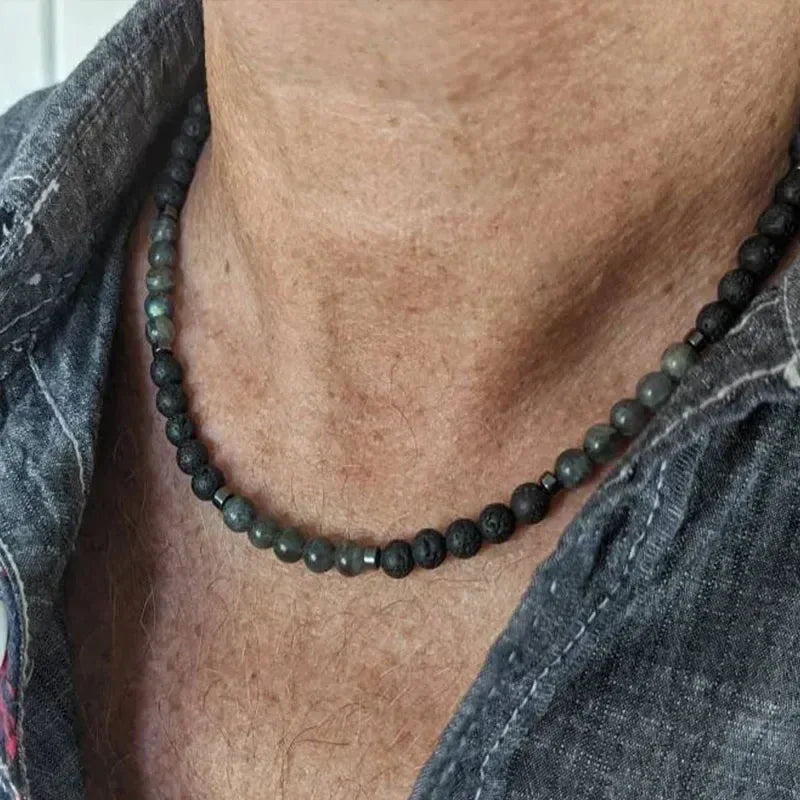 ✨ Men’s Gemstone Necklace – Black Agate & Hematite Cube Beads – Bold Style and Spiritual Protection
