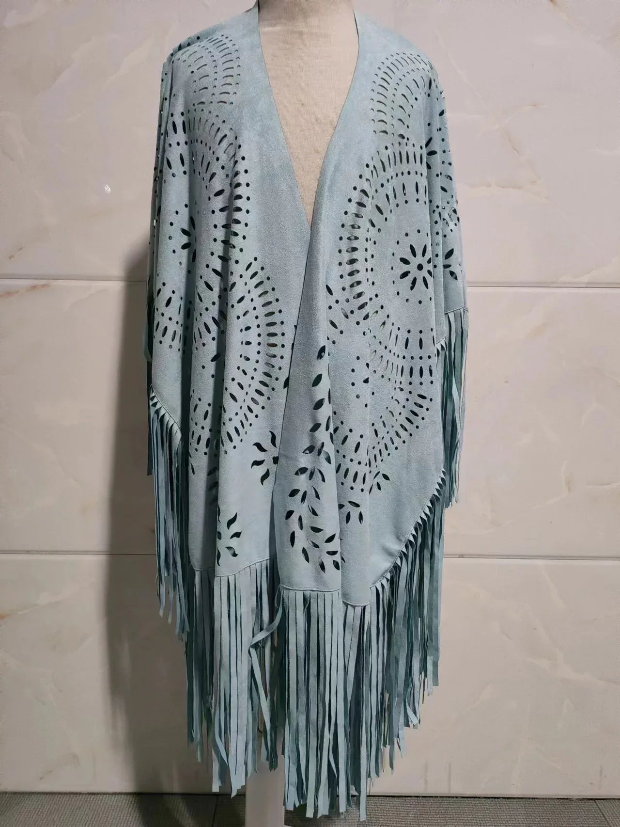 Camel Suede Fringe Shawl - Vintage Bohemian Floral Hollow Out Poncho Cape for Autumn One Size 11