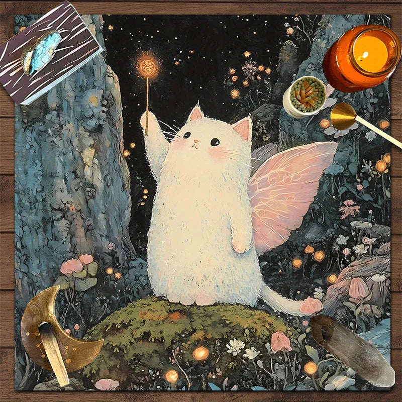 🔥 VIKAMA Magical Fairy Cat Tarot Tablecloth | Premium Mystical Altar Cloth – Machine Washable, Perfect for Tarot Divination & Meditation