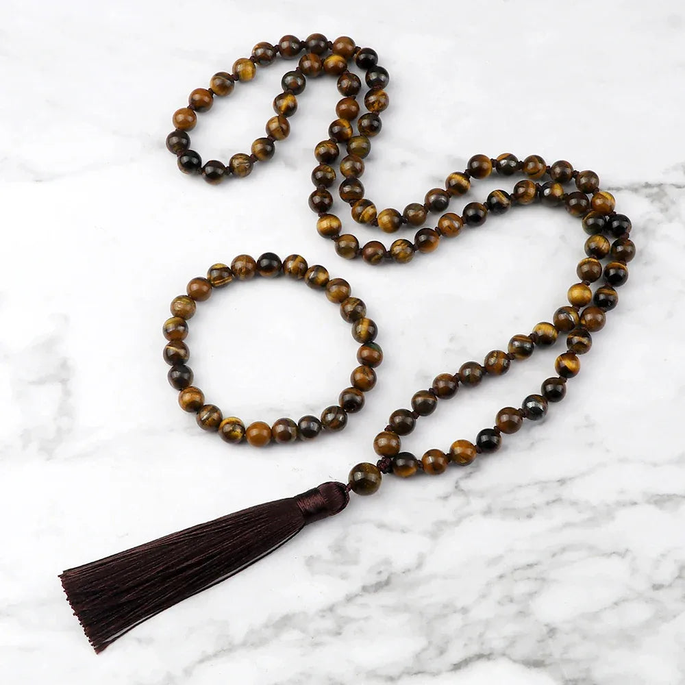 🐯 Natural Tiger Eye Stone Jewelry Set (Necklace & Bracelet): Healing Tassel Pendant & Sweater Chain – Confidence, Wealth & Protection Crystal for Women Tiger Eye