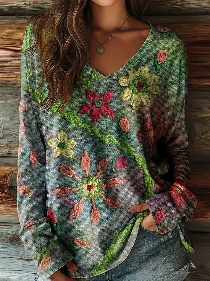 Vintage Women's Floral T-Shirt - Elegant Long Sleeve V-Neck Pullover for Fall and Winter AFZHH2025241CX
