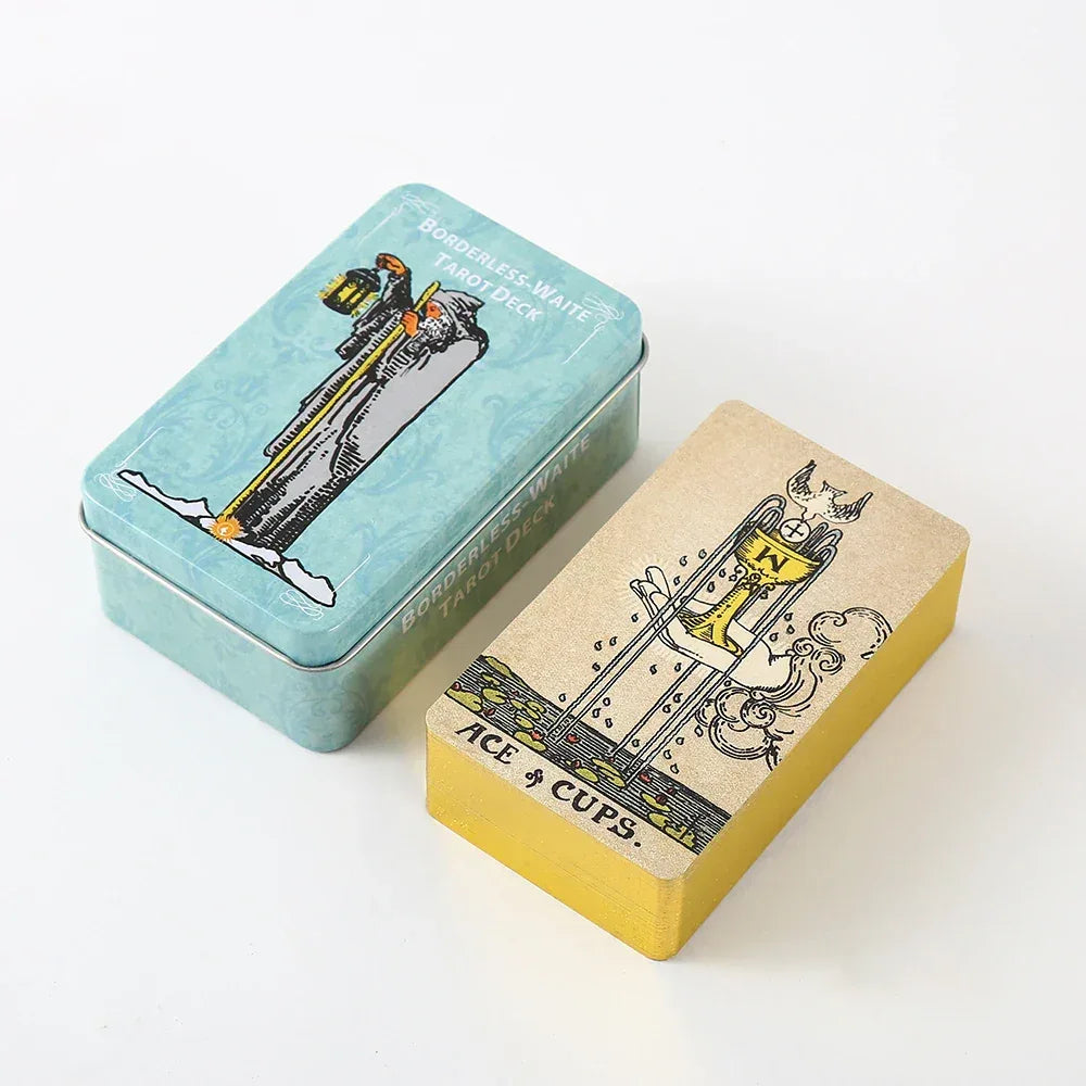 New Hot Tarot Cards – 78-Card Vintage Deck with Green-Plated Edges in Metal Tin Box (10×6 cm) & Paper Manual for Divination Board Games THTC07