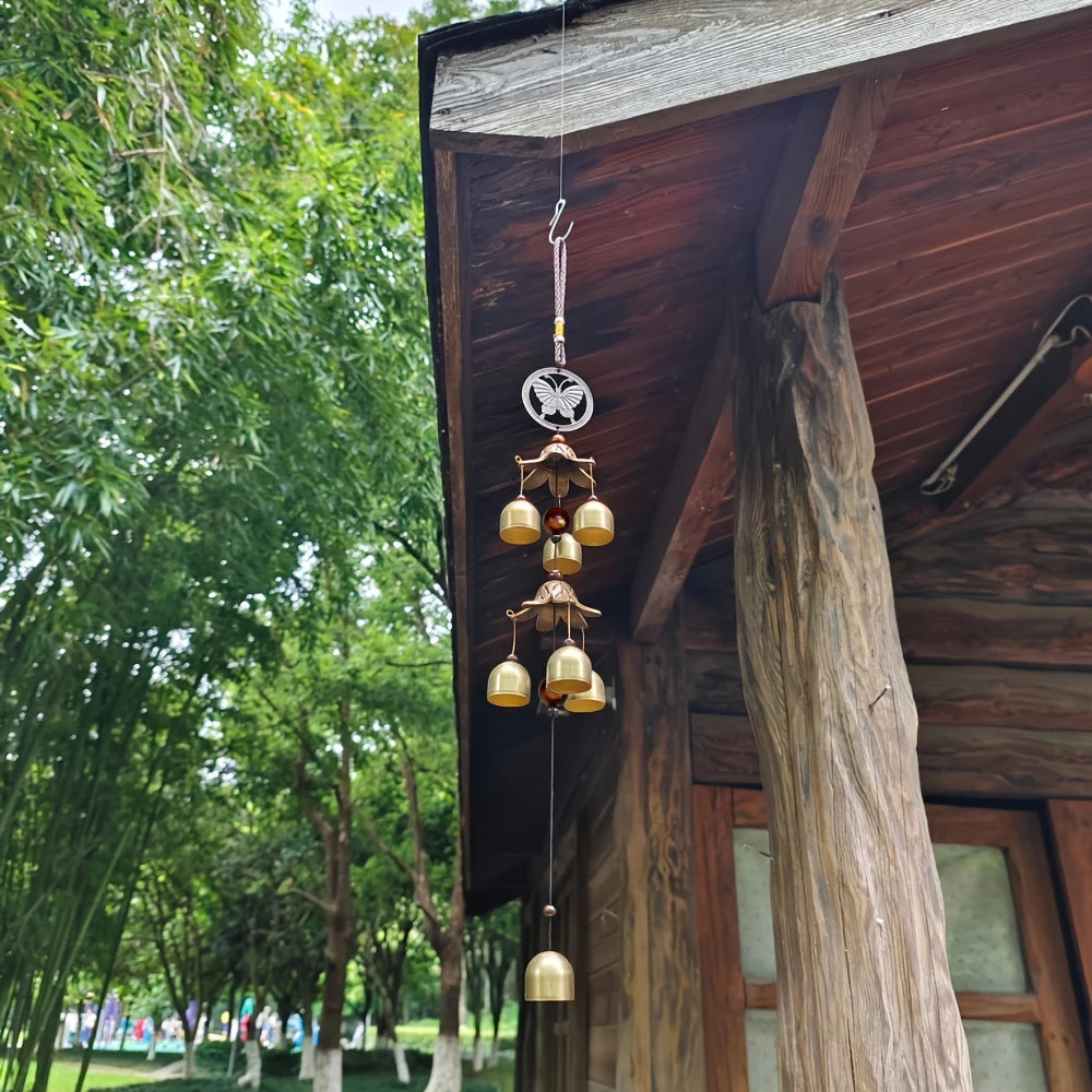Double Metal Bell Pendant Wind Chime – Brass Finish Decorative Hanging Bells for Home and Patio with Protective Harmony