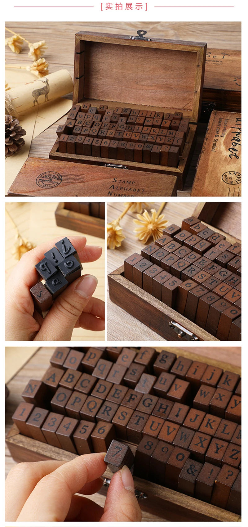 🔤 Wooden Alphabet Letter Stamps Set – Vintage Uppercase & Lowercase Rubber Stamps with DIY Self Ink Pad | Perfect for Diary, Album, Handmade Art & Craft