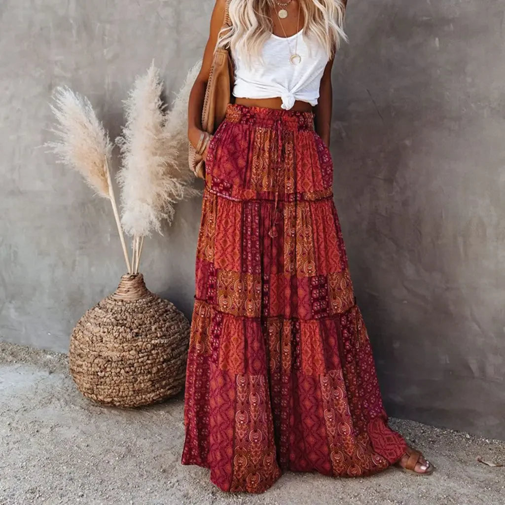 Women’s Bohemian High Waist Skirt A-Line Swing with Pockets - Drawstring Elastic Long Skirt