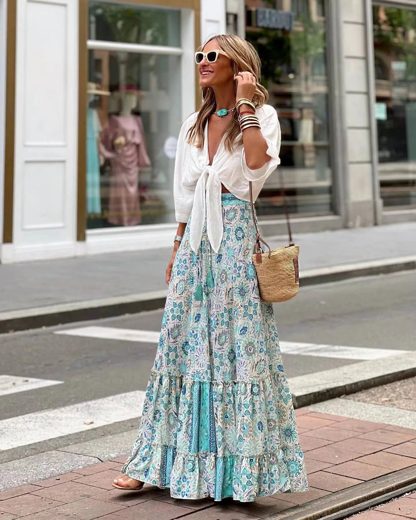 🌟 Bohemian Style Printed A-line Skirt Women Fashion Beach Vacation Loose Drawstring Ruffles Skirts Female Summer New Streetwear﻿