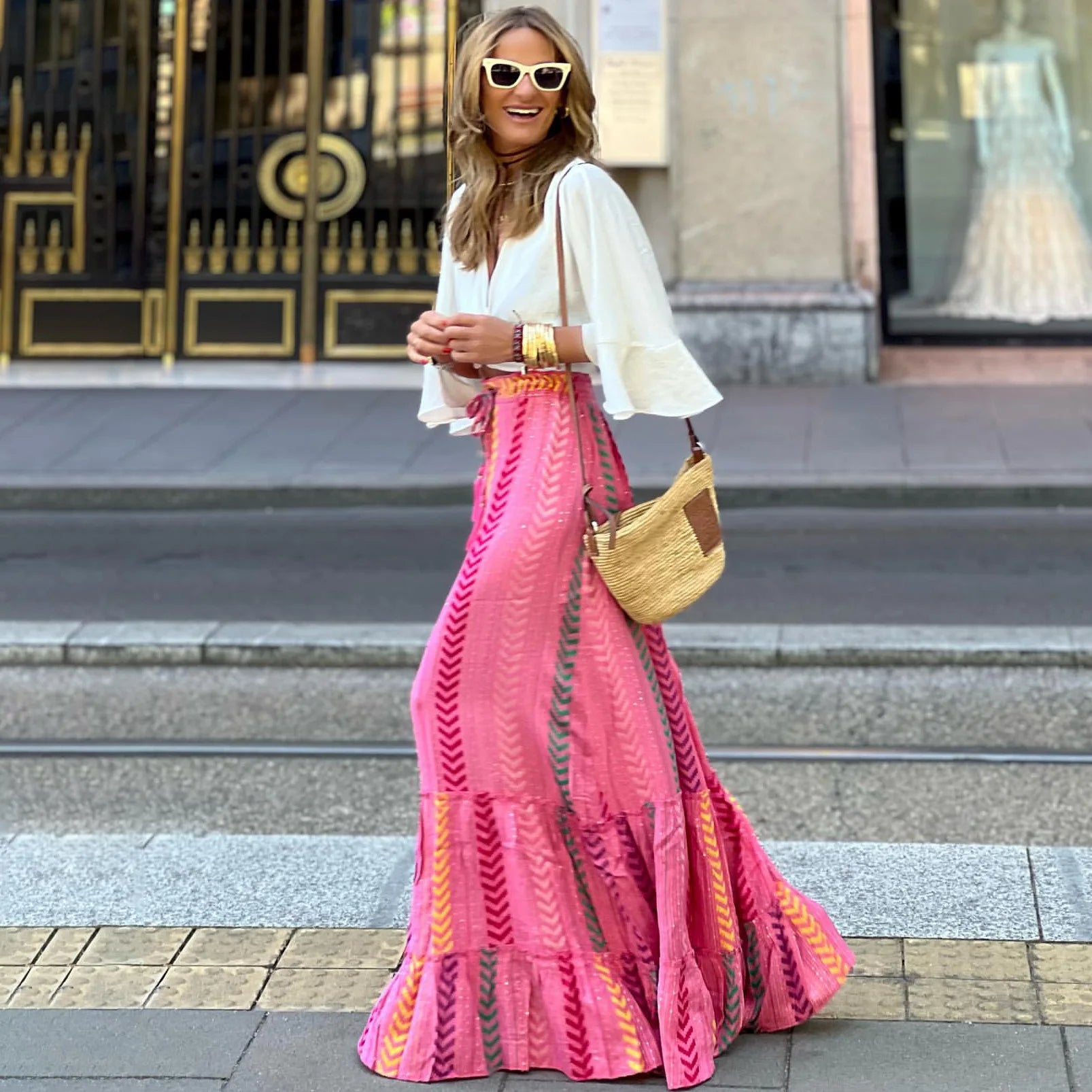 👗 Women’s A-line Beach Holiday Print Lace-up Skirt – Casual Long Loose High Waist Bohemian Summer Skirt