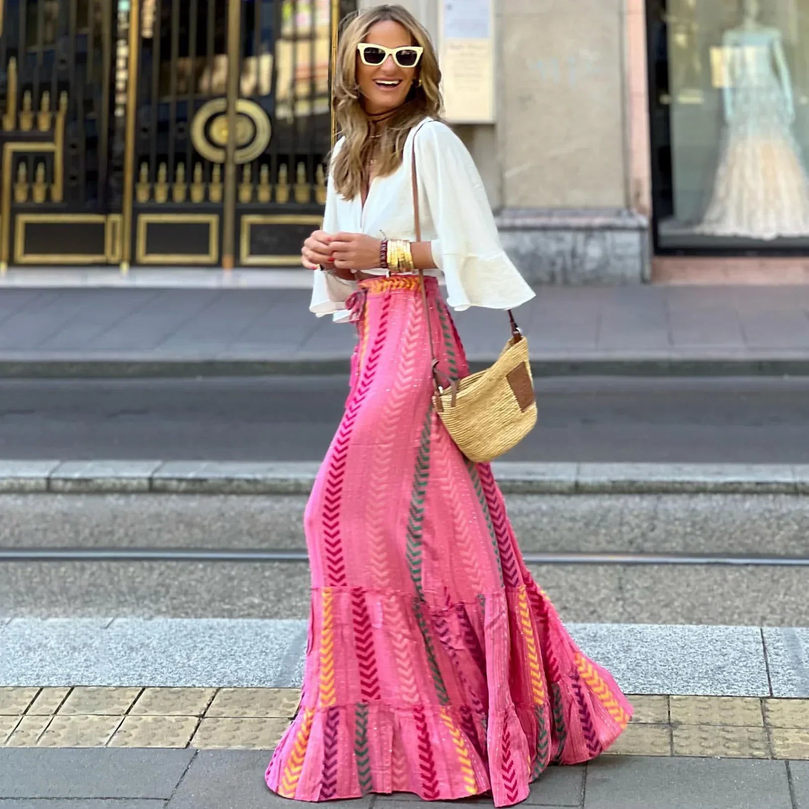 Women's Bohemian Summer Skirt - A-line Beach Holiday Print Lace-up High Waist Casual Skirt