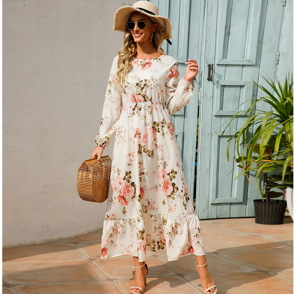 👗 Women’s Bohemian Maxi Dress – Spring Autumn Casual Chiffon Dress with Full Sleeves, High Waist, and Floral Print