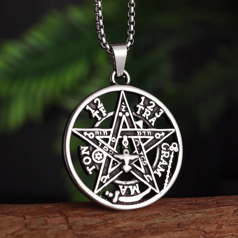 ✨ Witchcraft Pentagram Necklace – Stainless Steel | Men’s Amulet Pendant | Jewish Hebrew Tetragrammaton & Solomon Symbol AL19870-Silver