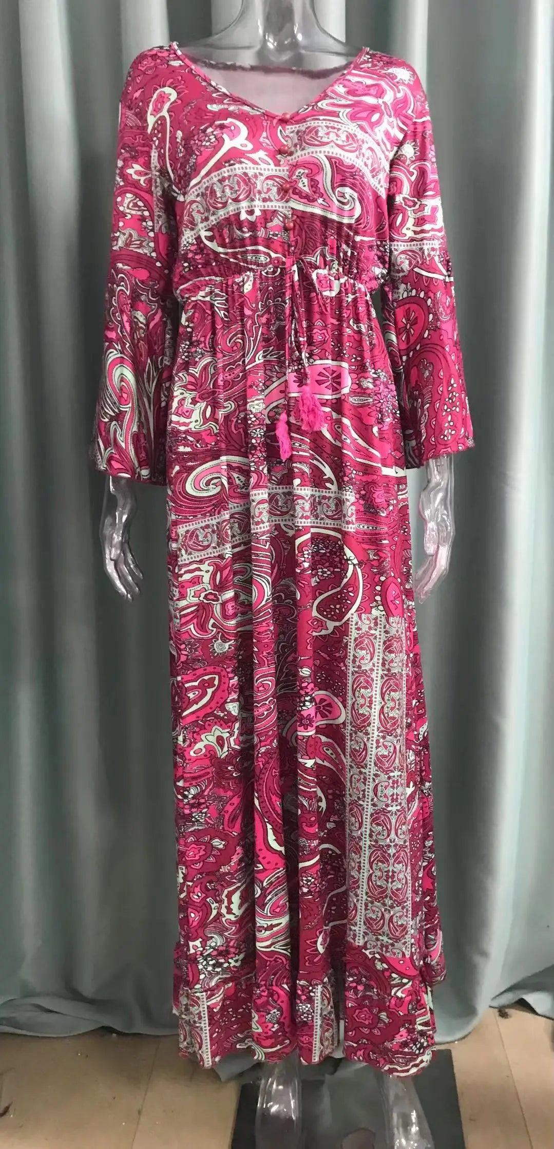 👗 European and American Bohemian Style Flared Sleeve Print V-Neck High Waisted Vacation Dress – Floral Women’s Long Skirt