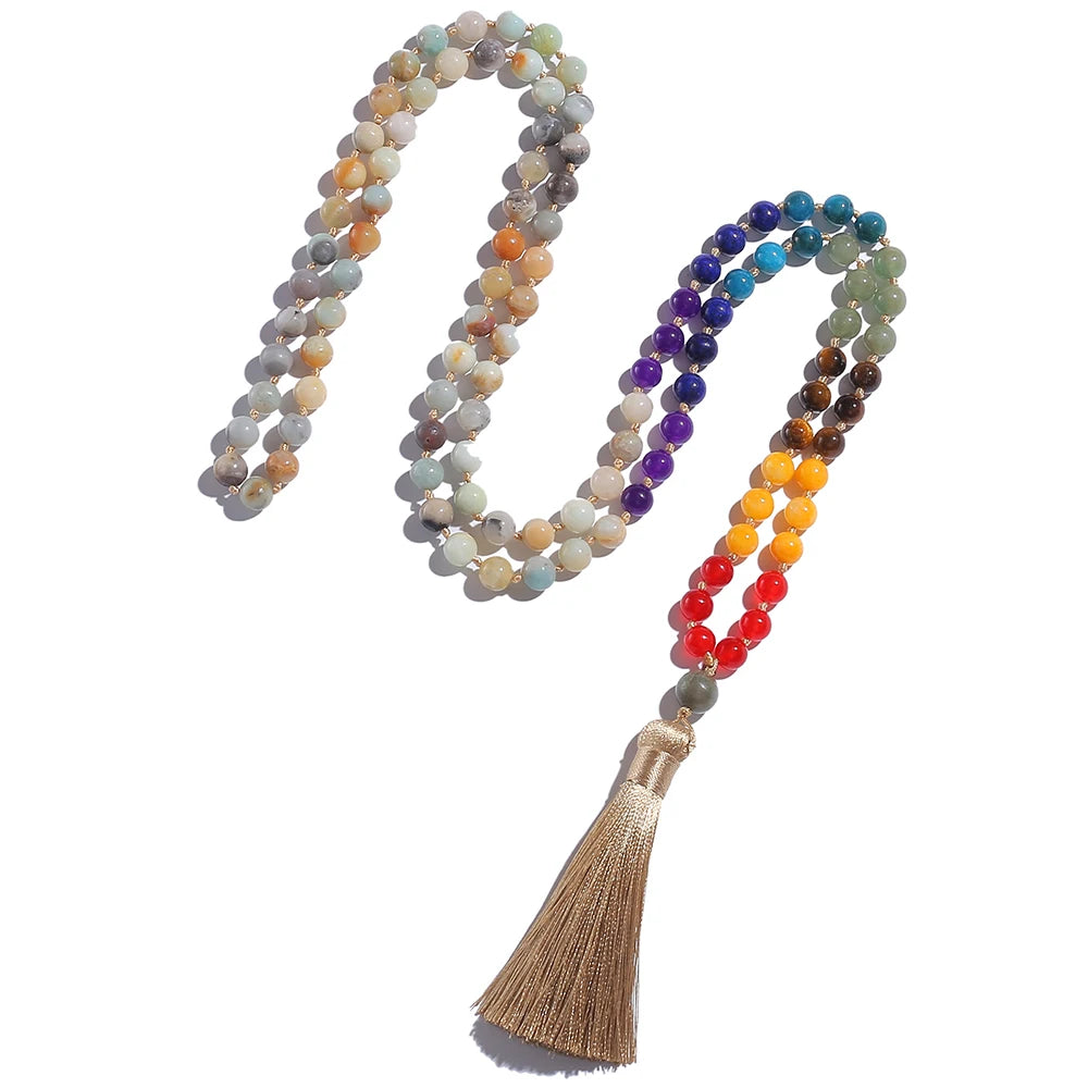 🌊 108 Bead Amazonite Mala Necklace: 8mm Knotted Prayer Beads with 7 Chakra Stones – "Stone of Hope" for Calming, Throat Chakra & Meditation