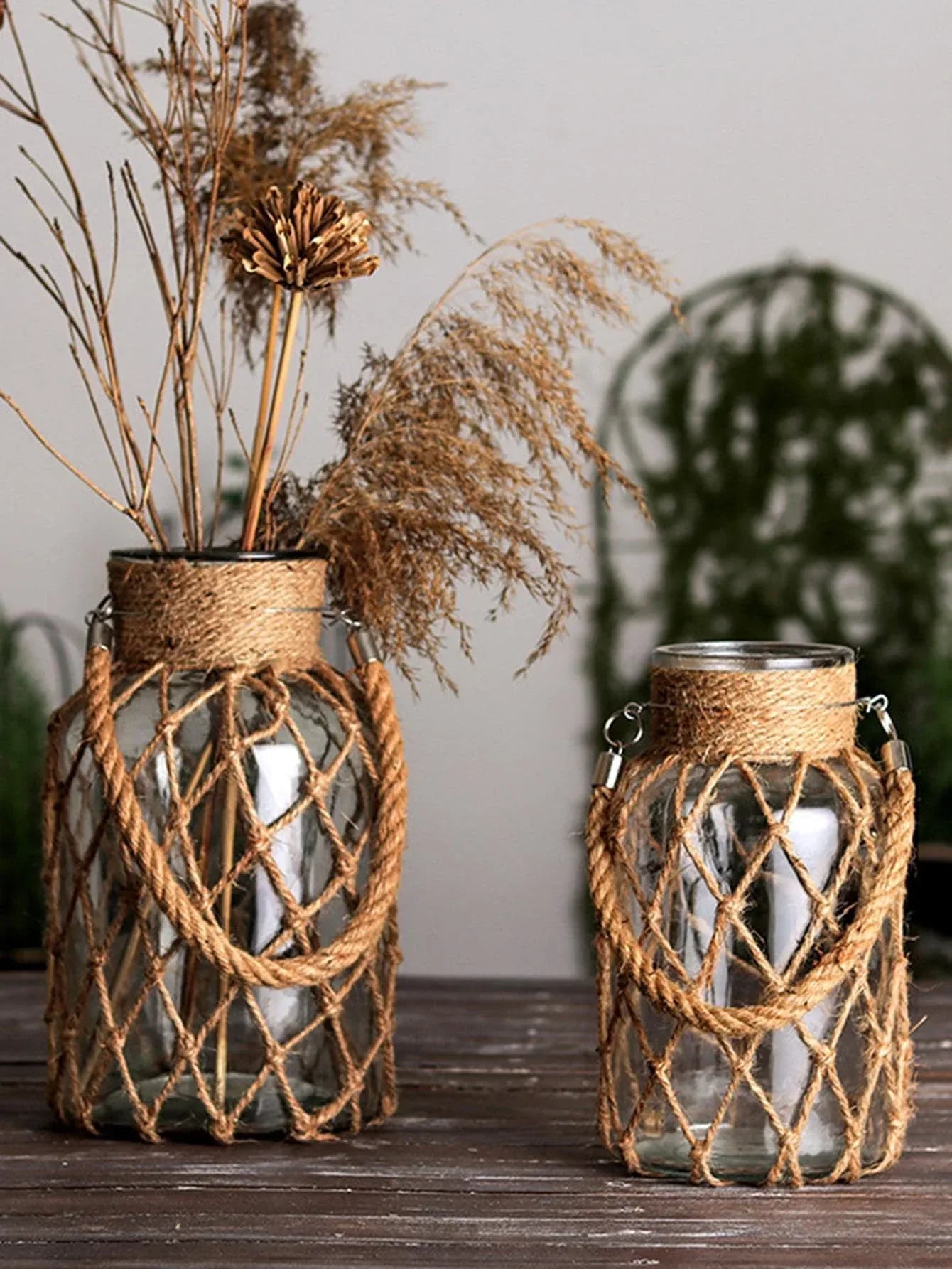 🌿Rustic Hanging Glass Vase with Hemp Rope Net – Handmade Transparent Glass Holder for Dried Flowers and Boho Home Décor