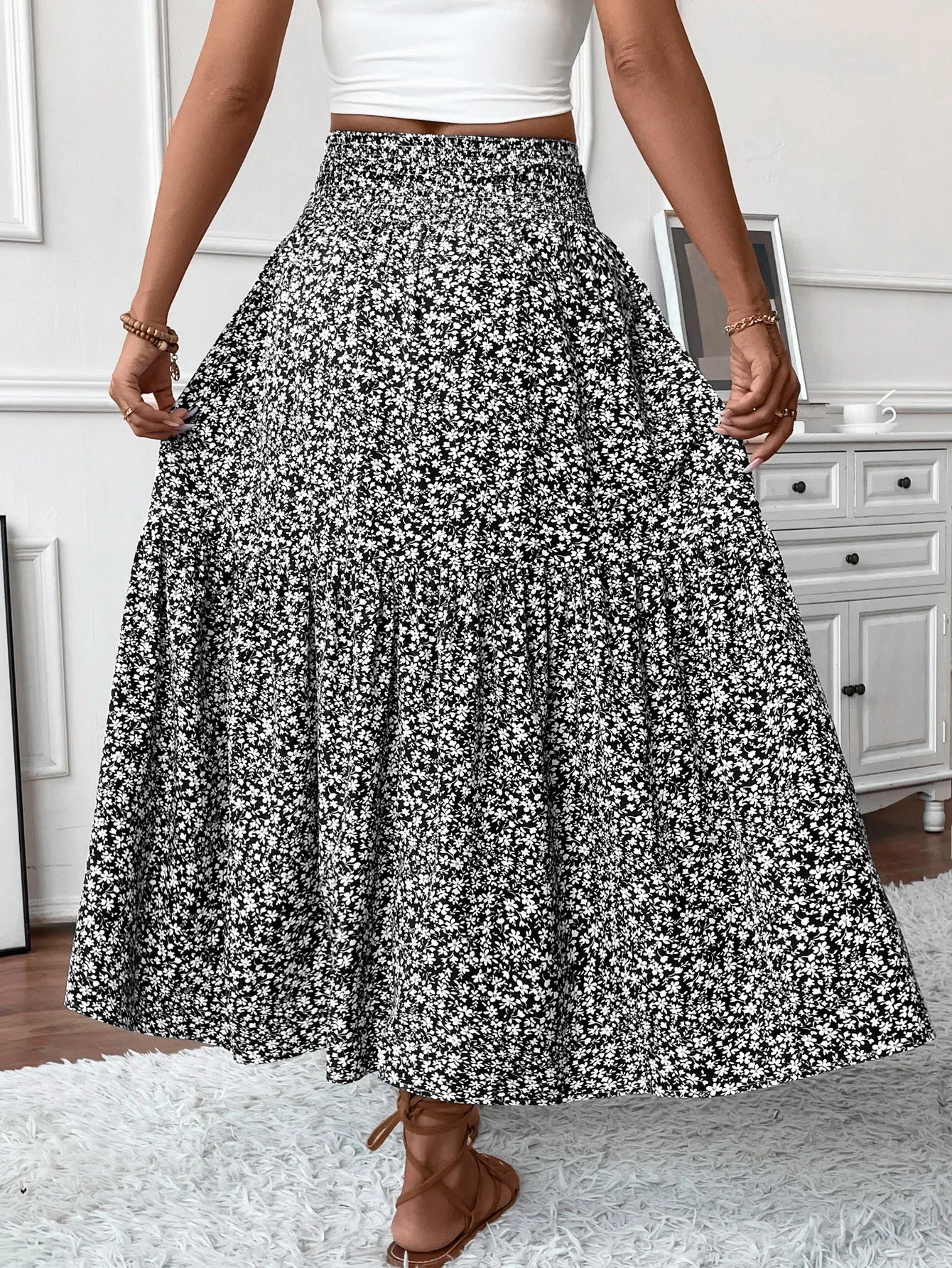 🌟 Women New Classic Printed Skirt Retro High Waist Long Skirt Casual Stylish Loose Beach Skirt Elegant Ladies Floral Pleated Skirt﻿