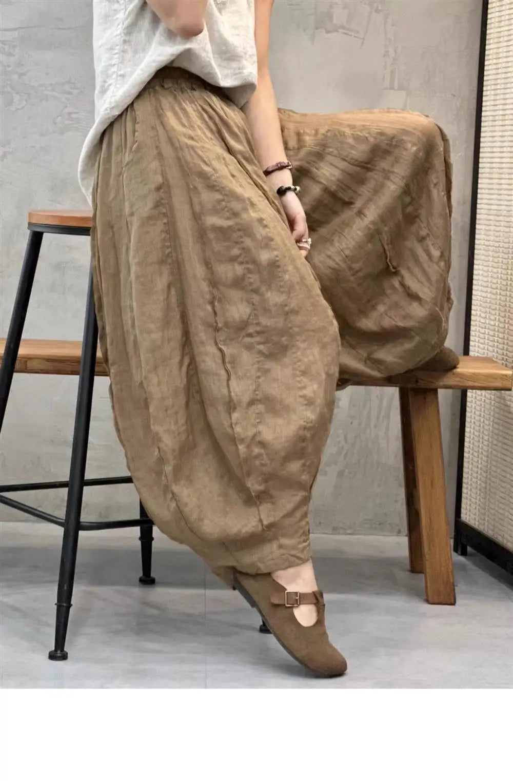 Women's Bohemian Bloomers Pants - Vintage Floral Cotton Linen Trousers for Stylish Summer and Autumn Fashion Khaki