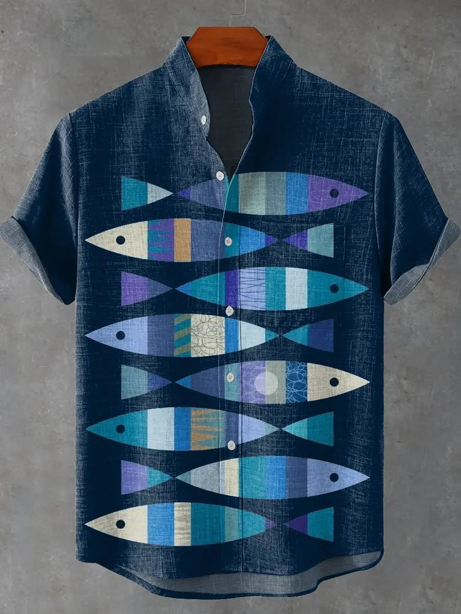 🌊The Vintage Angler’s Heritage: Premium Men’s Cotton-Linen Casual Shirt – Retro 3D Fish Pattern, Breathable Short-Sleeve Utility Top (Camisas De Hombre), and Sophisticated Coastal Silhouette SFQQQD1043