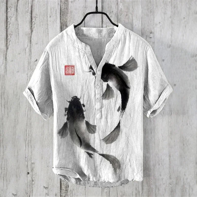 ⛩️ The Zen Crane Heritage: Premium Men’s 100% Pure Organic Linen Shirt – High-Definition Oriental Landscape Art Print, Sophisticated V-Neck Cut, and Plus Size (Up to 6XL) Luxury Casual Button-Down