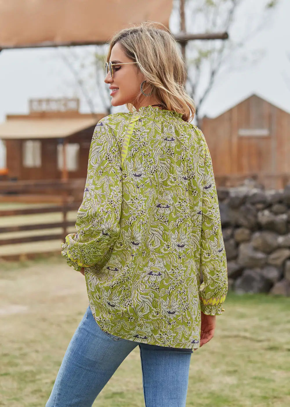 👚 Women’s Bohemian Print Long Sleeve Tunic Blouse – Tie Neck, Flounce Sleeves, Navy Blue