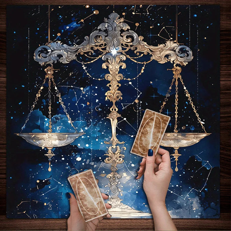 🃏VIKAMA Libra Astrology Tablecloth – Deep Blue Starry Sky Cloth with Gold & Silver Scales for Restaurants, Study Rooms & Zodiac-Themed Decor