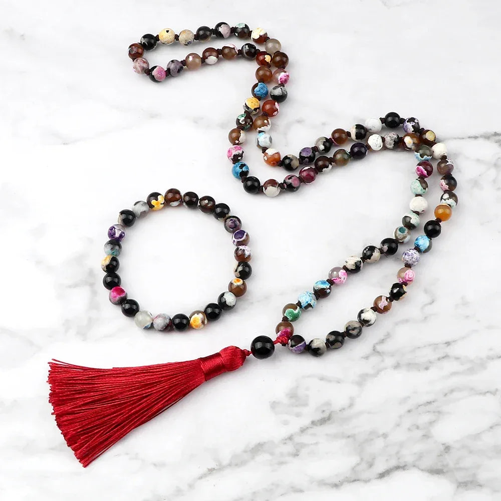 🐯 Natural Tiger Eye Stone Jewelry Set (Necklace & Bracelet): Healing Tassel Pendant & Sweater Chain – Confidence, Wealth & Protection Crystal for Women Mixed Color Fire