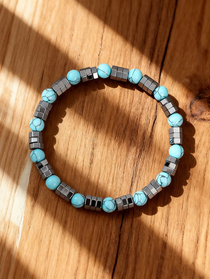 ✨ Hematite & Turquoise Bracelet – Geometric Irregular Natural Stone Beads – Strength, Confidence & Vigour Crystal Jewelry