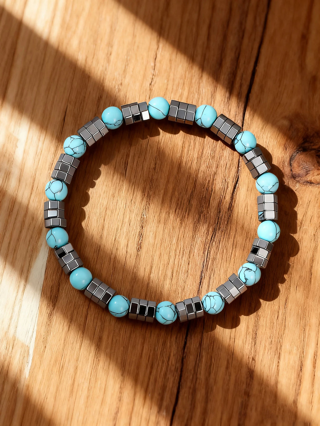 ✨ Hematite & Turquoise Bracelet – Geometric Irregular Natural Stone Beads – Strength, Confidence & Vigour Crystal Jewelry