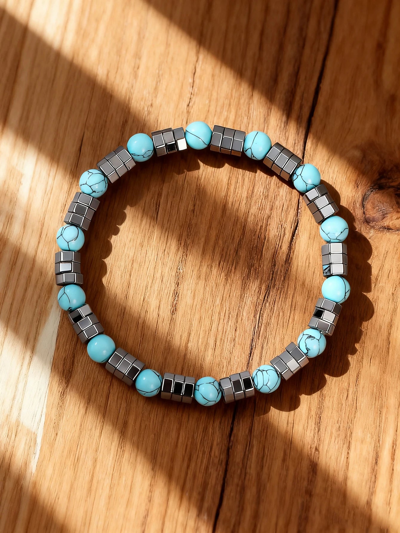 ✨ Hematite & Turquoise Bracelet – Geometric Irregular Natural Stone Beads – Strength, Confidence & Vigour Crystal Jewelry