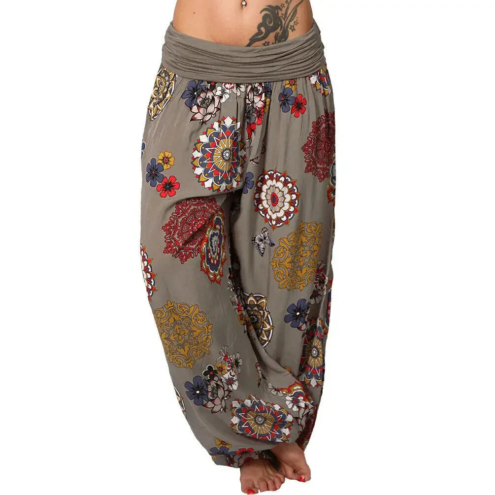Summer Breeze Floral Harem Pants – Women's Wide Leg Boho Style with Elastic Waist Khaki