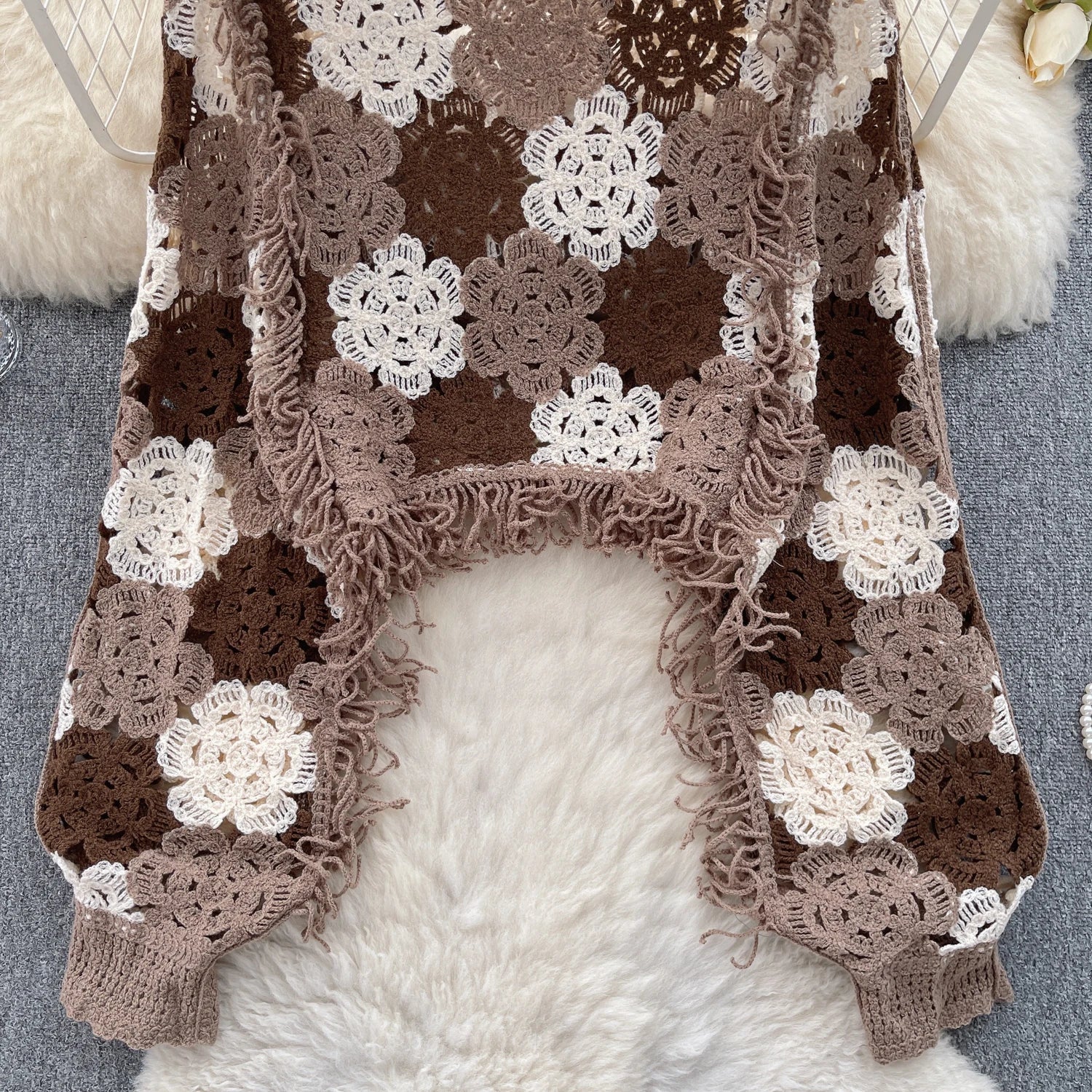 👚 SINGREINY Tassels Knit Hollow Out Top – Hook Flower Design, Long Sleeves, Women’s Streetwear, Chic Bohemian Y2K Vintage Loose Blouse