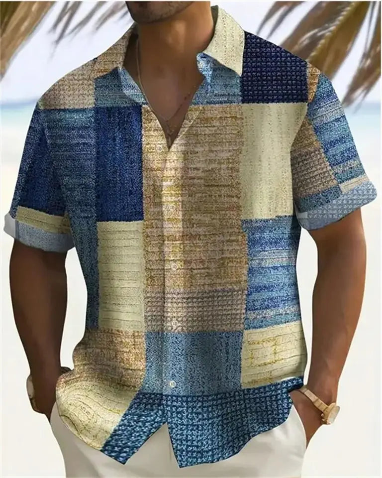 🎨 The Geometric 3D Block Masterpiece: Premium Men's Color-Block Hawaiian Shirt – High-Definition Digital Print, Breathable Short-Sleeve Button-Down, and Inclusive Oversized Silhouette (Up to 5XL)