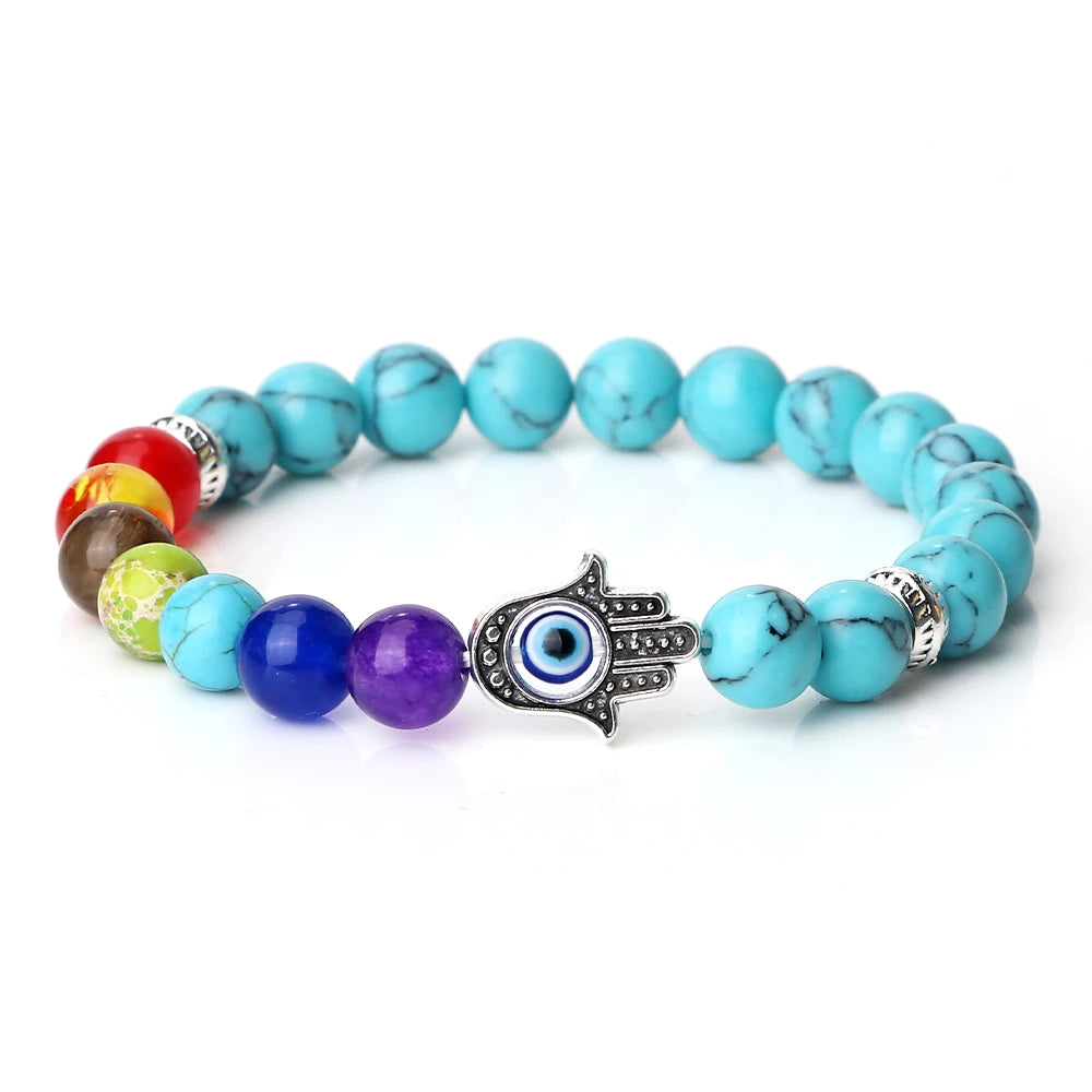 🧿 7 Chakra Protection Bracelet for Men: Natural Tiger Eye & Lava Stone with Evil Eye & Hamsa Hand – Anxiety Relief, Luck & Energy Healing Bangle Blue