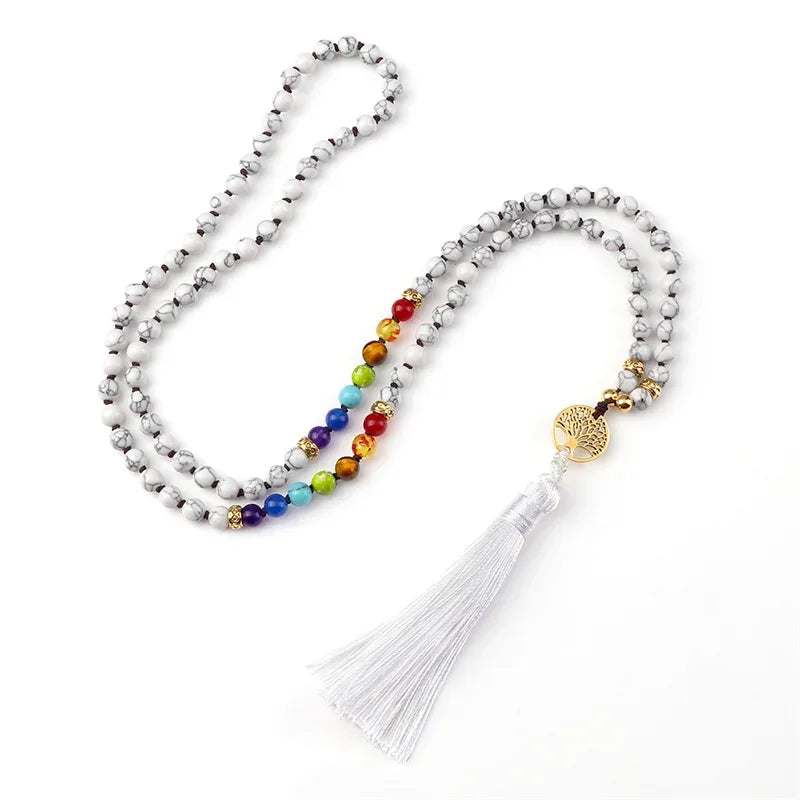 💜 Natural Purple Agate 108 Mala Necklace: Hand-Knotted Reiki Healing Stone – 7 Chakra Meditation Japamala & Boho Tassel Jewelry for Women Black Line
