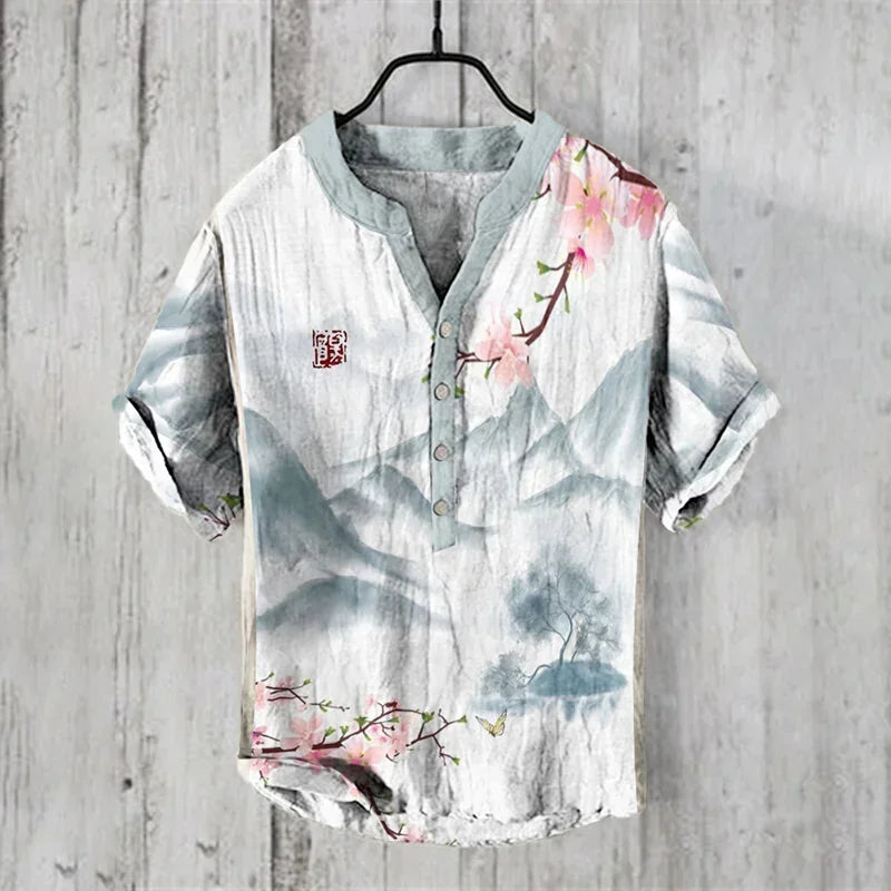 🖌️ The Zen Ink Artisan: Premium 2026 Men’s 3D Japanese Landscape Shirt – High-Definition Bamboo, Bird & Koi Ink-Wash Print, Breathable Wrinkle-Resistant Hybrid, and Sophisticated Henry V-Neck Casual Button-Down HTY911
