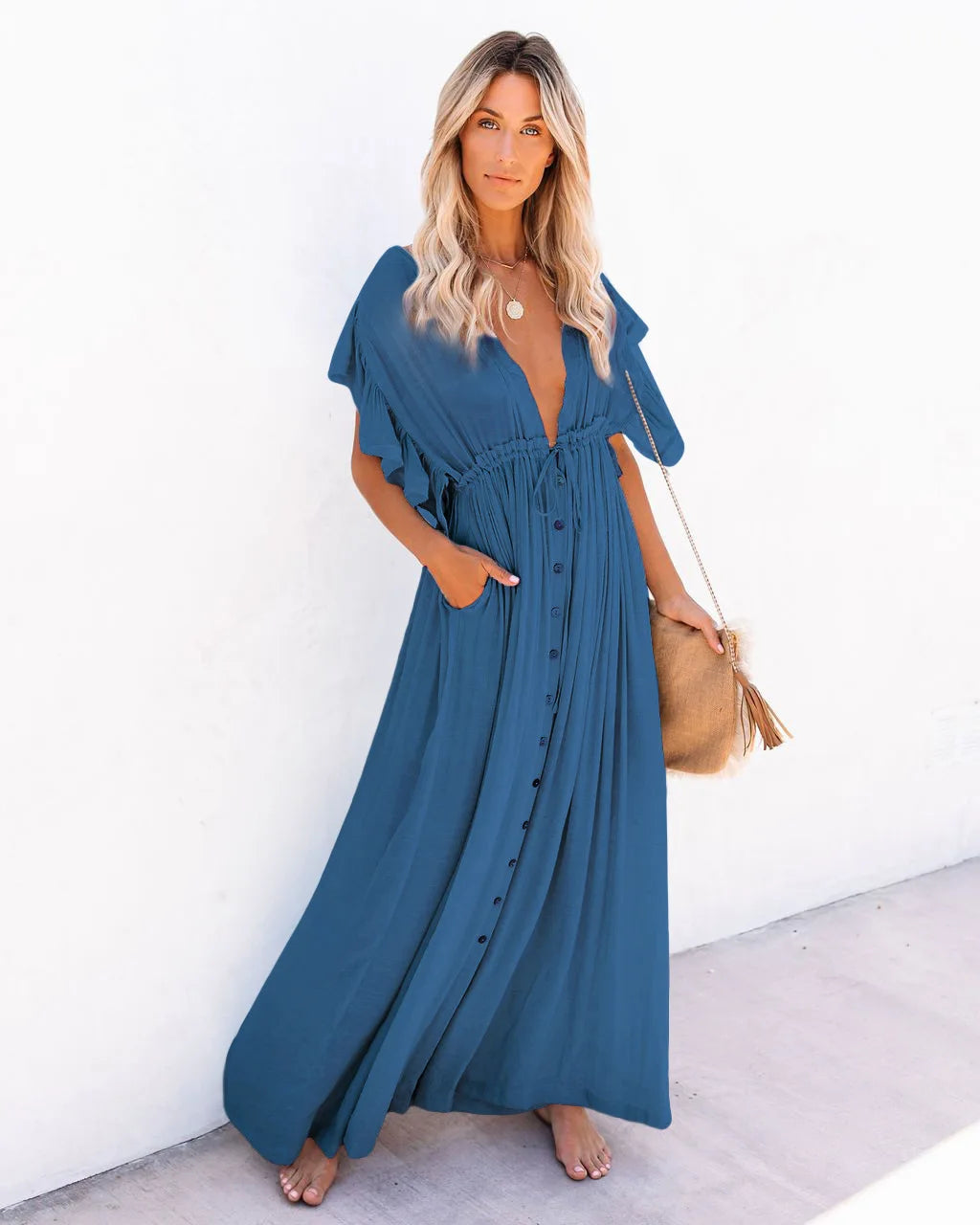 2024 Summer Long Bikini Cover Ups for Women Solid V-Neck Kimono Beach Dresses Lace Up Anti-Sun Swim Dress Bohemian Sarong Skirt One Size Light Green