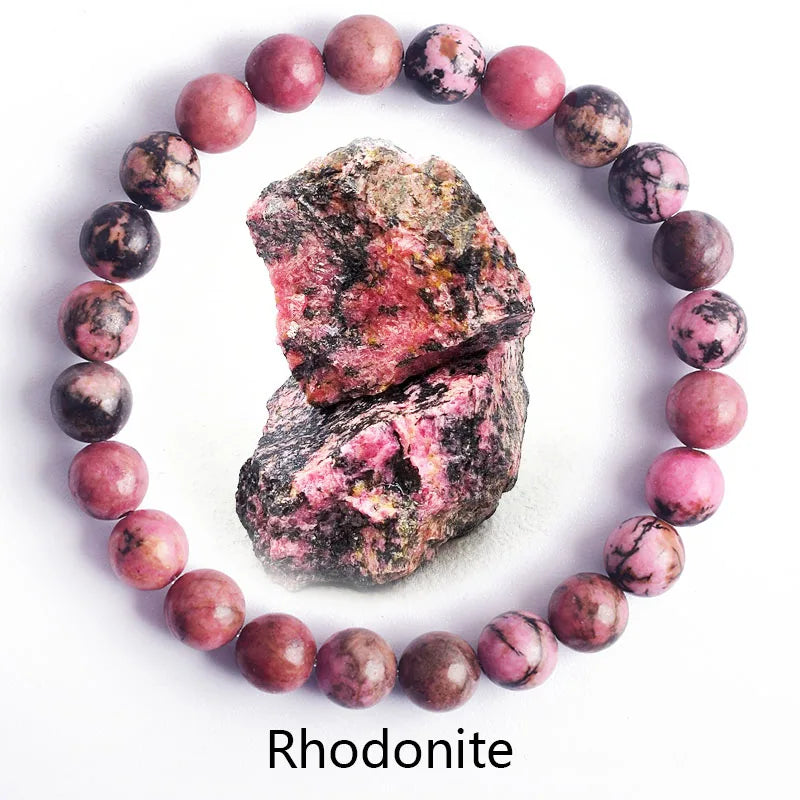 ✨ Natural Stone Protection Bracelet – Dragon Blood Beads, Quartz & Onyx Stretch Jewelry for Men & Women – Healing Reiki & Yoga Energy Bracelet 16 Rhodonite