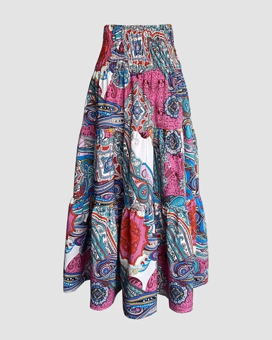 👗 Fashion Boho Printed Long Skirt – Casual Retro Vacation Style with Elastic Waist and A-line Big Hem for Women, Spring Summer New