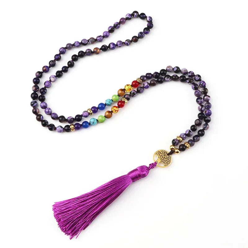 💜 Natural Purple Agate 108 Mala Necklace: Hand-Knotted Reiki Healing Stone – 7 Chakra Meditation Japamala & Boho Tassel Jewelry for Women Purple Fire Agates