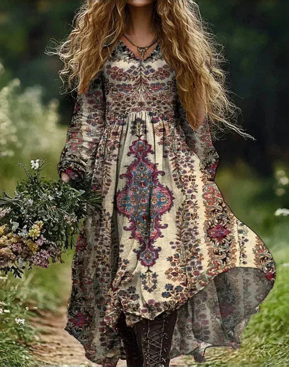 🛍️ Casual Women’s Vintage Printed Dress – V-Neck, Long Sleeves, Loose Large Swing Dress for Spring & Autumn 8