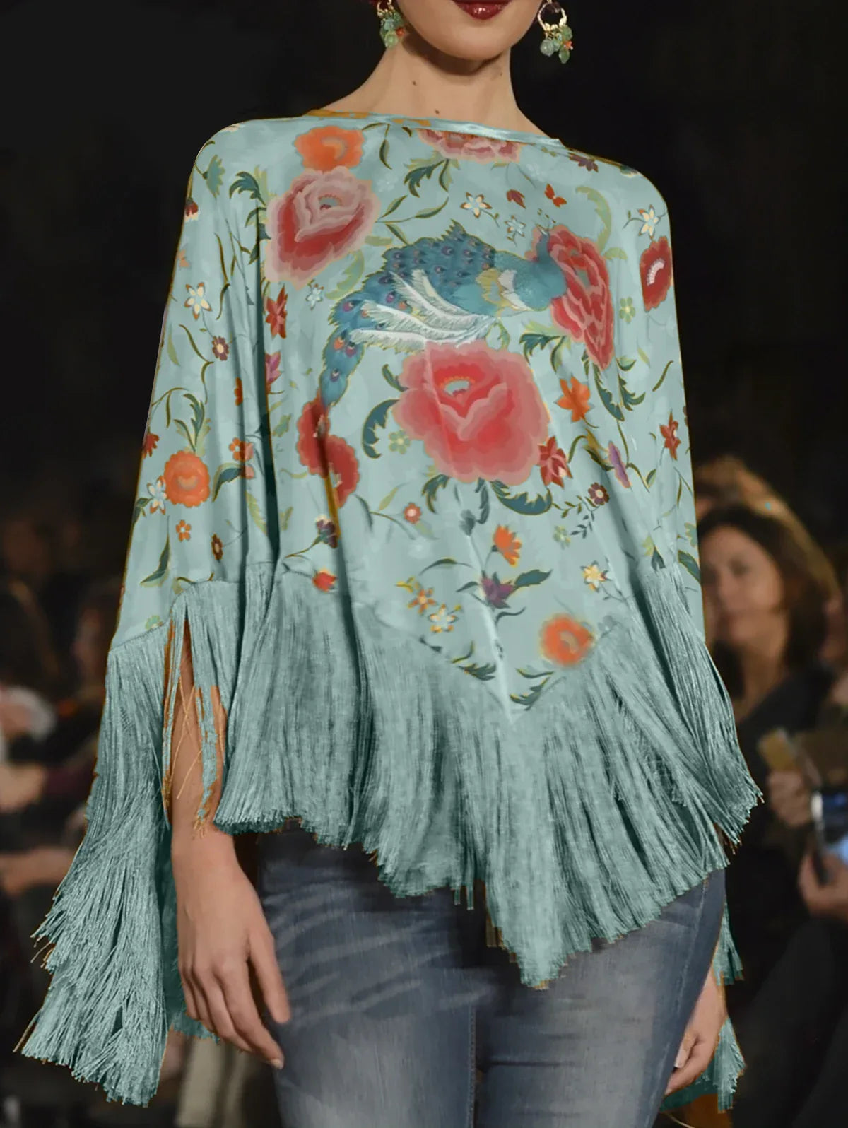 Women Vintage Floral Tops 2024 - Elegant Oversize Pullover with Irregular Tassel Hem Cape Cloak Style for Spring & Autumn, Bohemian Fashion SKY BLUE