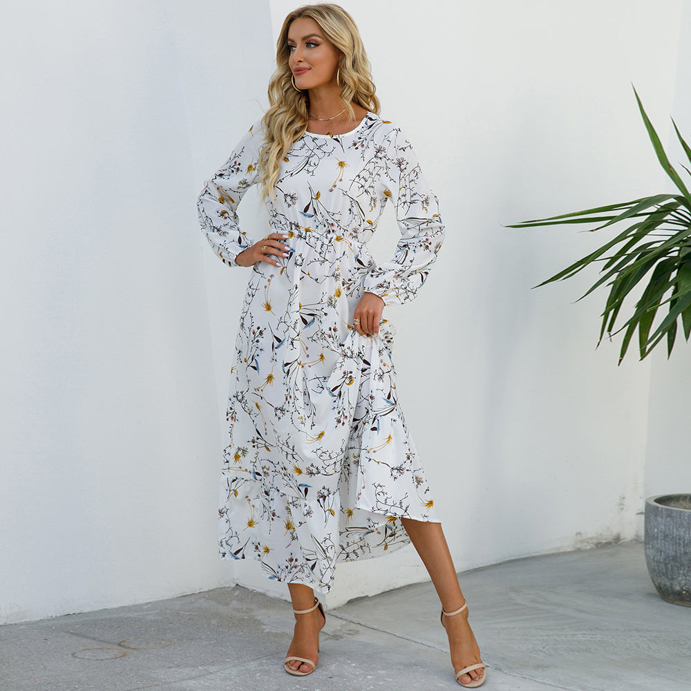 👗 Women’s Bohemian Maxi Dress – Spring Autumn Casual Chiffon Dress with Full Sleeves, High Waist, and Floral Print