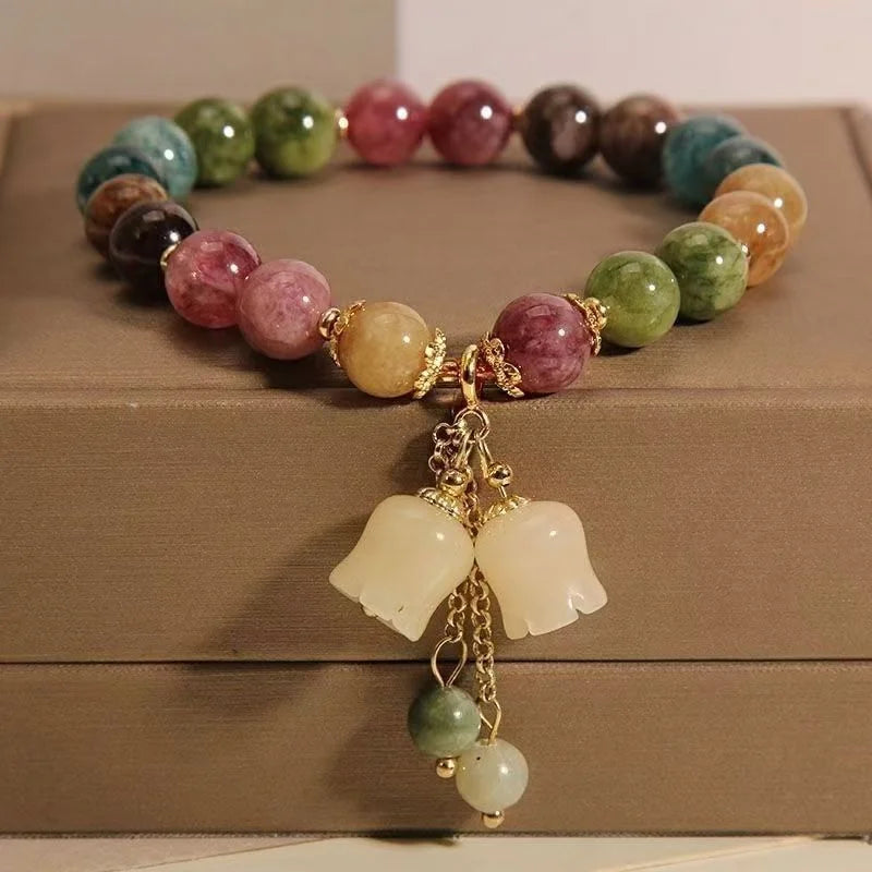 ✨ Tourmaline Crystal Bracelet – Light Luxury Orchid Pendant Beaded Jewelry for Women and Men – Perfect Gift for Elegance and Healing