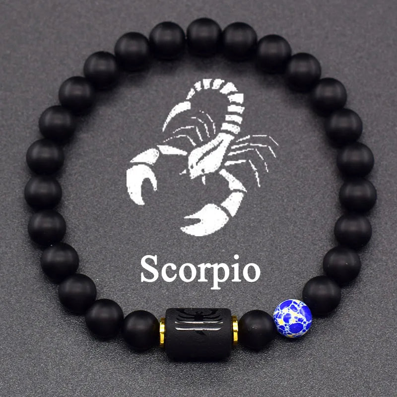 ✨ 12 Zodiac Constellation Signs Bracelet – Tiger Eye & Sparrow Picture Stone Beads – Virgo Charm Couple Jewelry for Men & Women 35 Scorpio 8 mm Beads