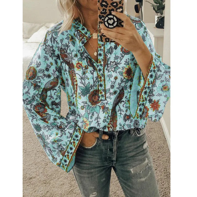 👚 Women’s Floral Print Blouse – Spot New Summer Design, Loose Fit, Flared Long Sleeves, Model CKX9070 green