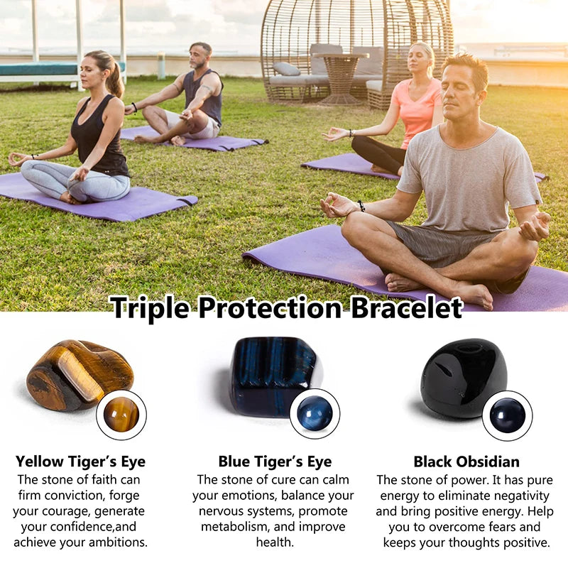 ✨ Magnetic Hematite, Tiger Eye & Obsidian Bracelet – Triple Protection Health Care Stainless Steel Bangle – Perfect Weight Loss Gift for Men & Women