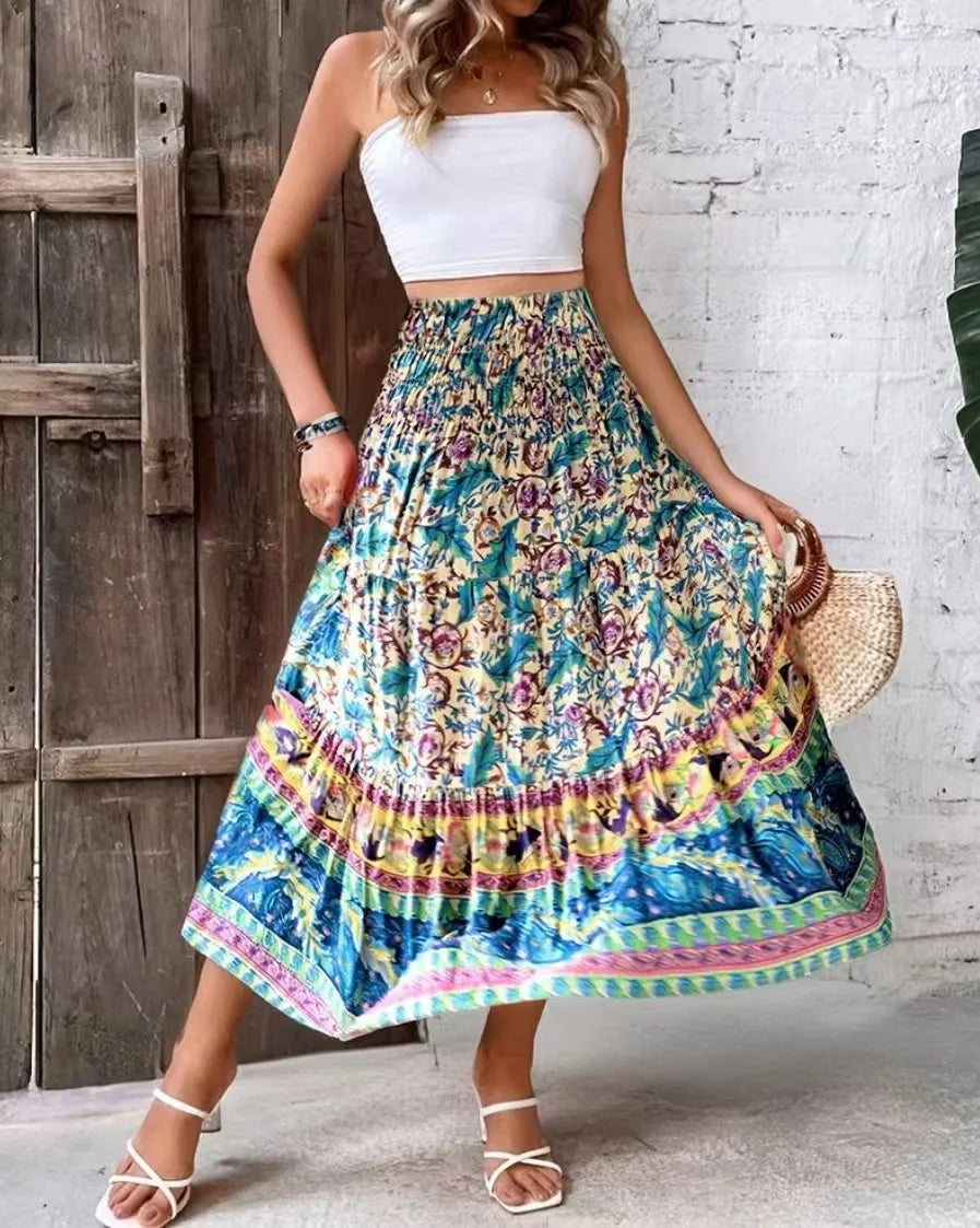 👗 Fashion Boho Printed Long Skirt – Casual Retro Vacation Style with Elastic Waist and A-line Big Hem for Women, Spring Summer New