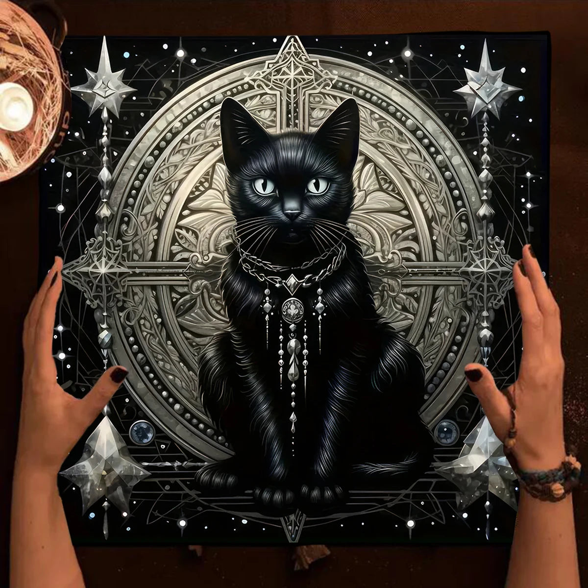 🔮Colorful Mandala Black Cat Altar Cloth – Tarot Tablecloth with Moon & Starry Sky for Witchcraft, Divination & Mystical Home Decor TLB (531)