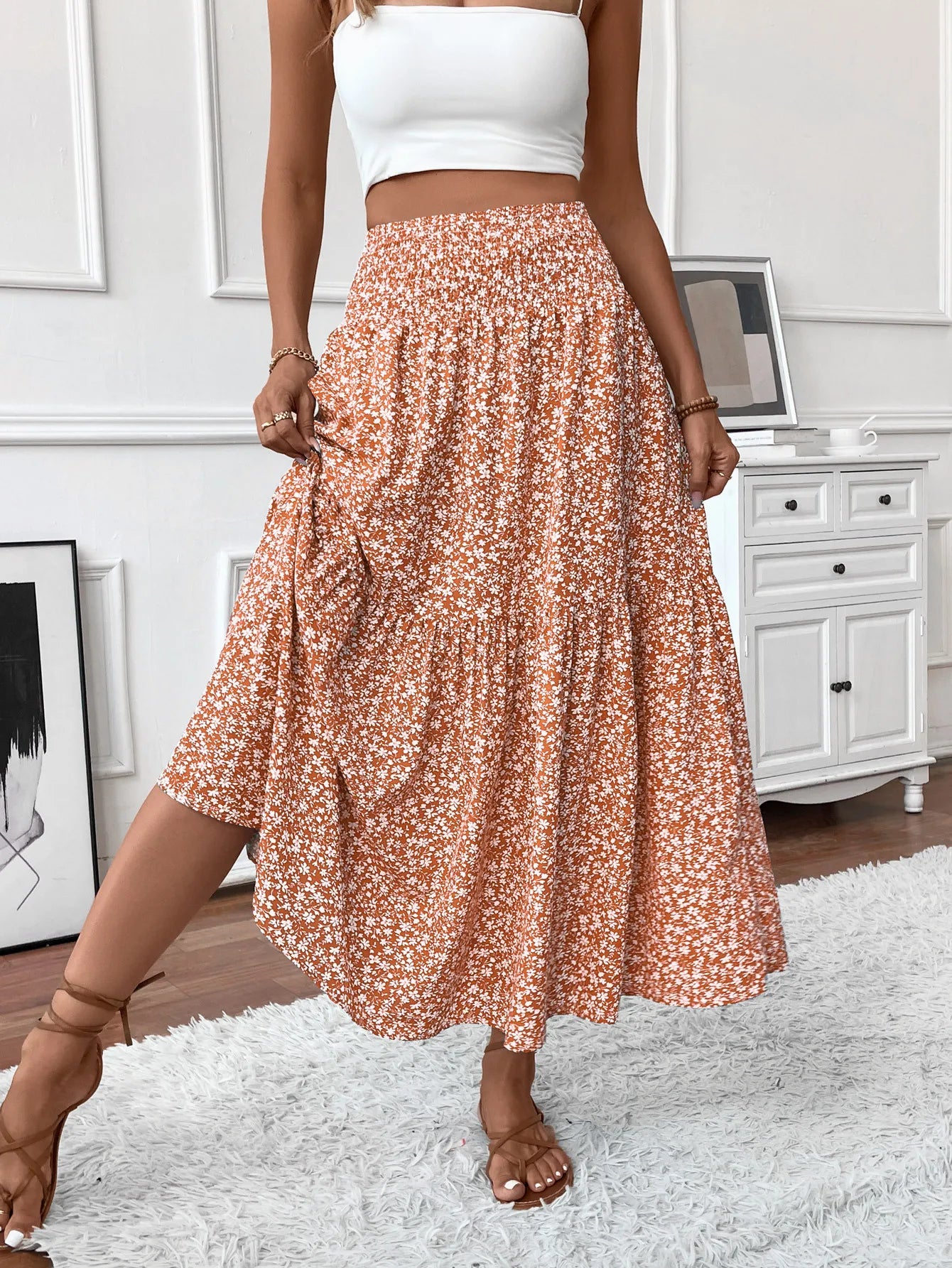 🌟 Women New Classic Printed Skirt Retro High Waist Long Skirt Casual Stylish Loose Beach Skirt Elegant Ladies Floral Pleated Skirt﻿